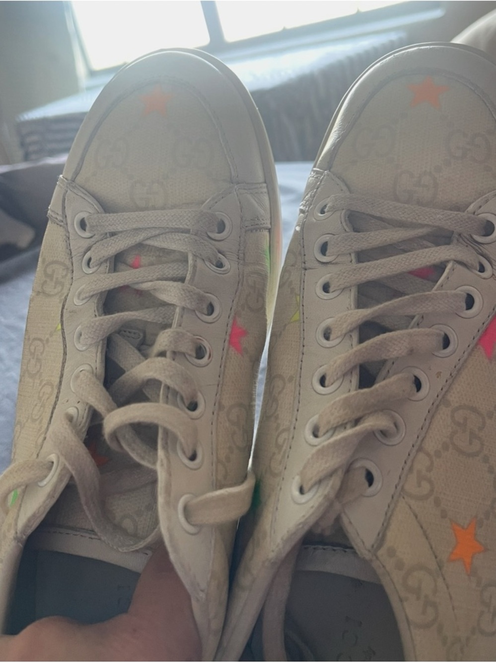 Gucci White Leather Sneaker with Neon Green and Neon Orange Stars - Picture 5 of 5